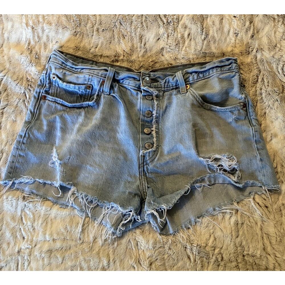 Levi’s 501 Shorts Womens 32 Blue Distressed Button Fly